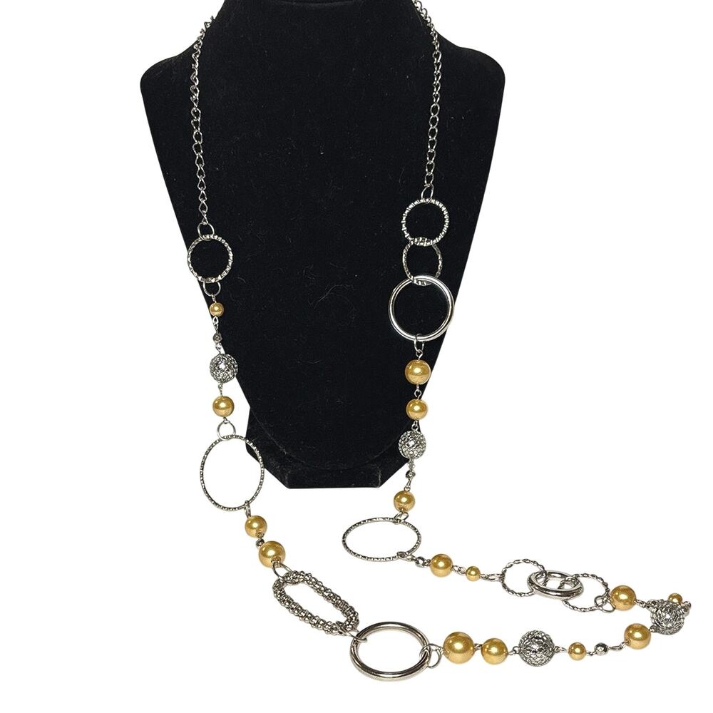 Long Silver Gold Tone Circle Necklace Mixed Metal Layering Statement 40”